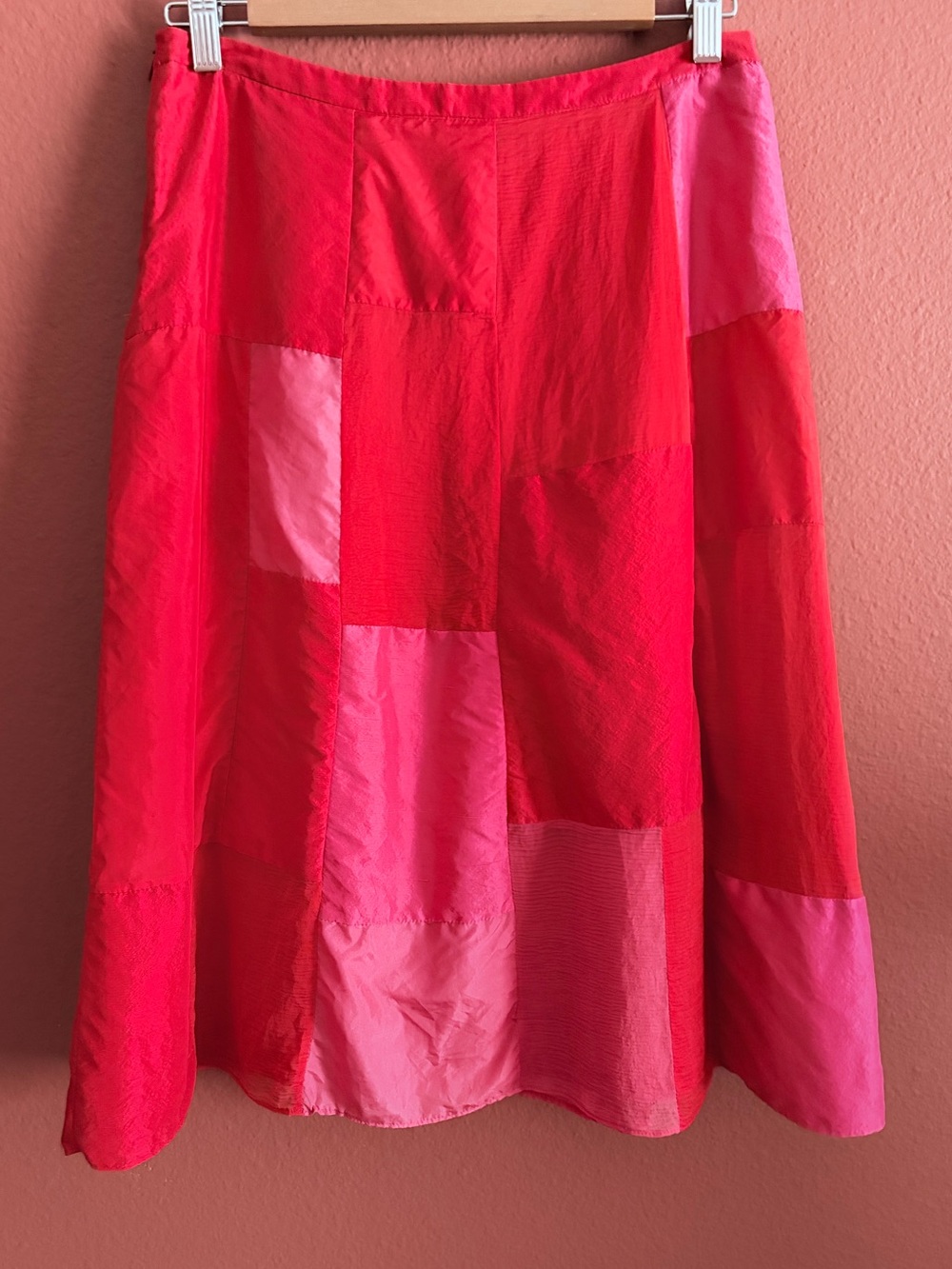 Parkchoonmoo Red & Pink Silk Patchwork Midi Skirt Size 6 Measurements Provided